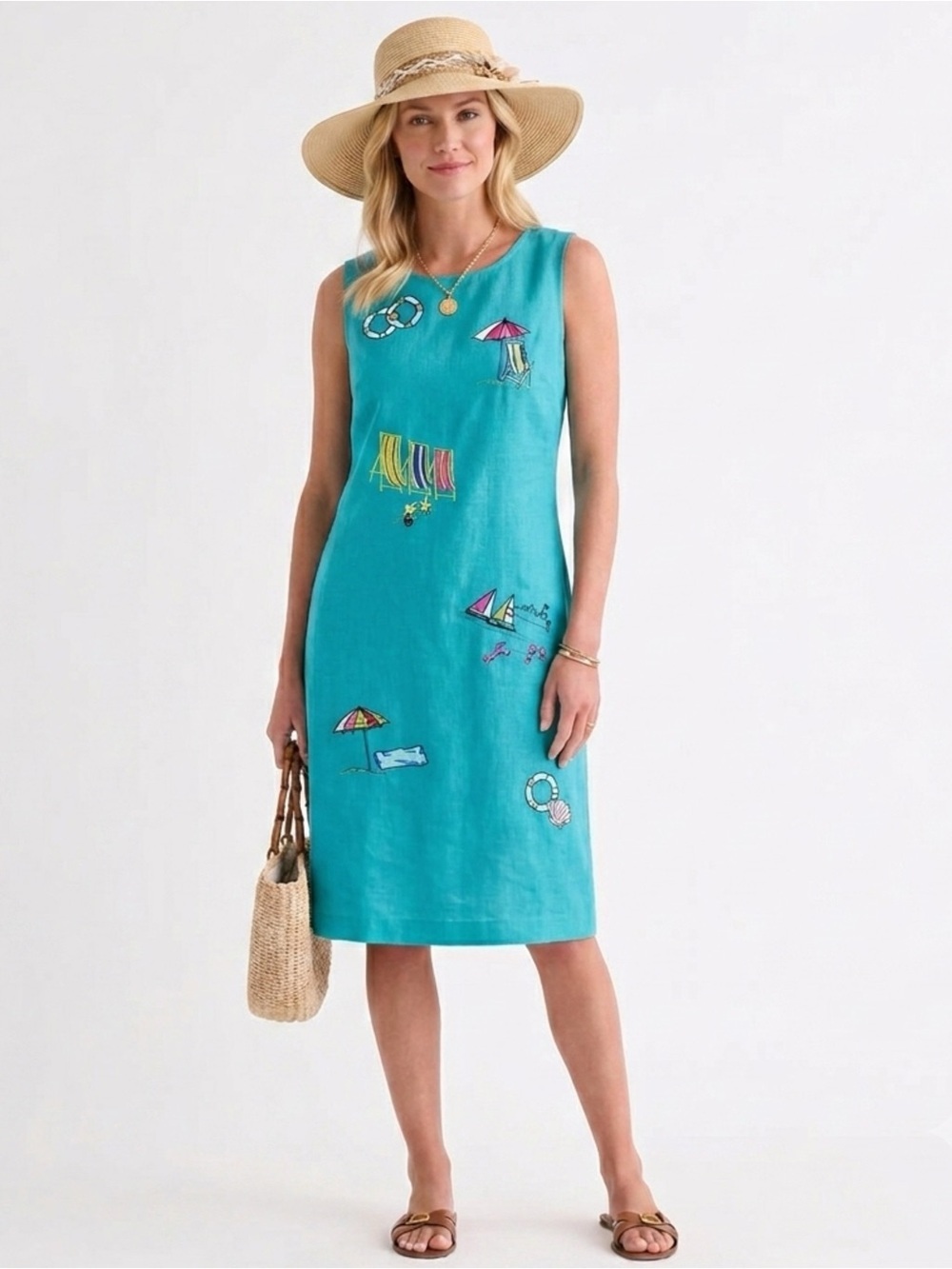 Vintage ULTRA DRESS NY Linen Blend Shift Dress Coastal Embroidery Cape Cod Sz 8